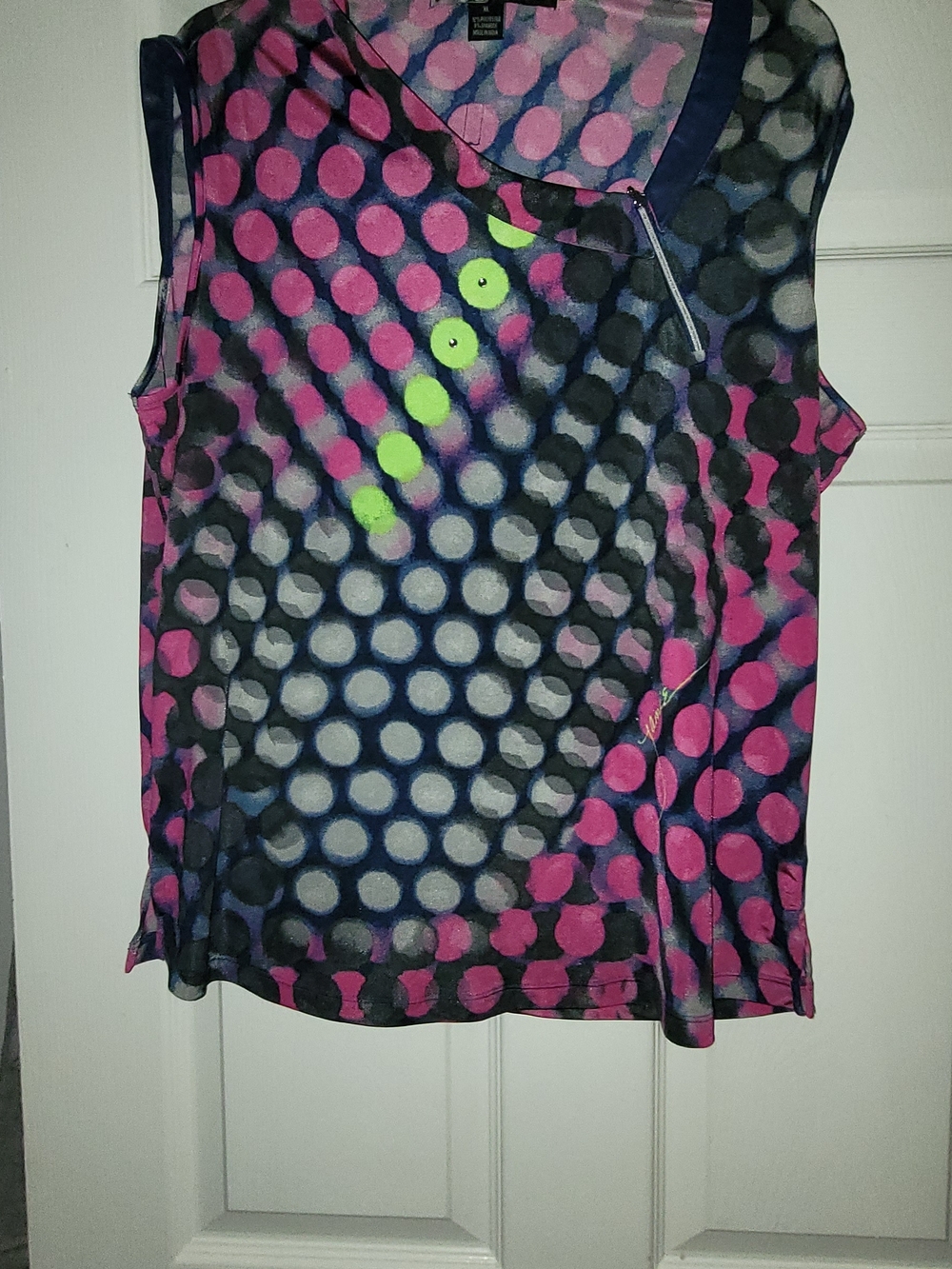 jamie sadock Pink & Blue Polka Dot Mesh Golf Top with Neon Green Trim